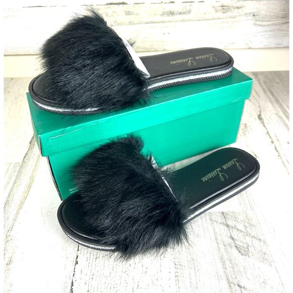 Lauren Lorraine Womens 10/11 Black Faux Fur Slip-On Slipper Slides Sadndal NEW - Picture 1 of 8